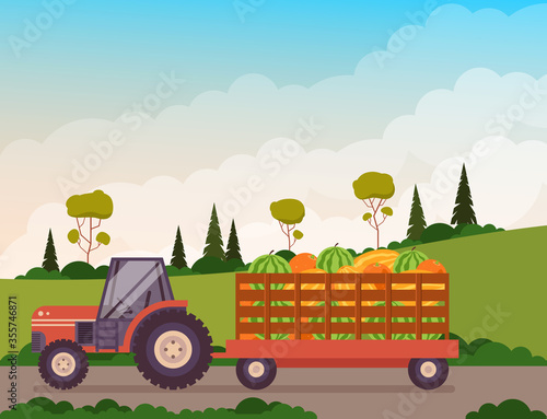 Farm tractor full of fruit. Vector flat cartoon graphic design illustration