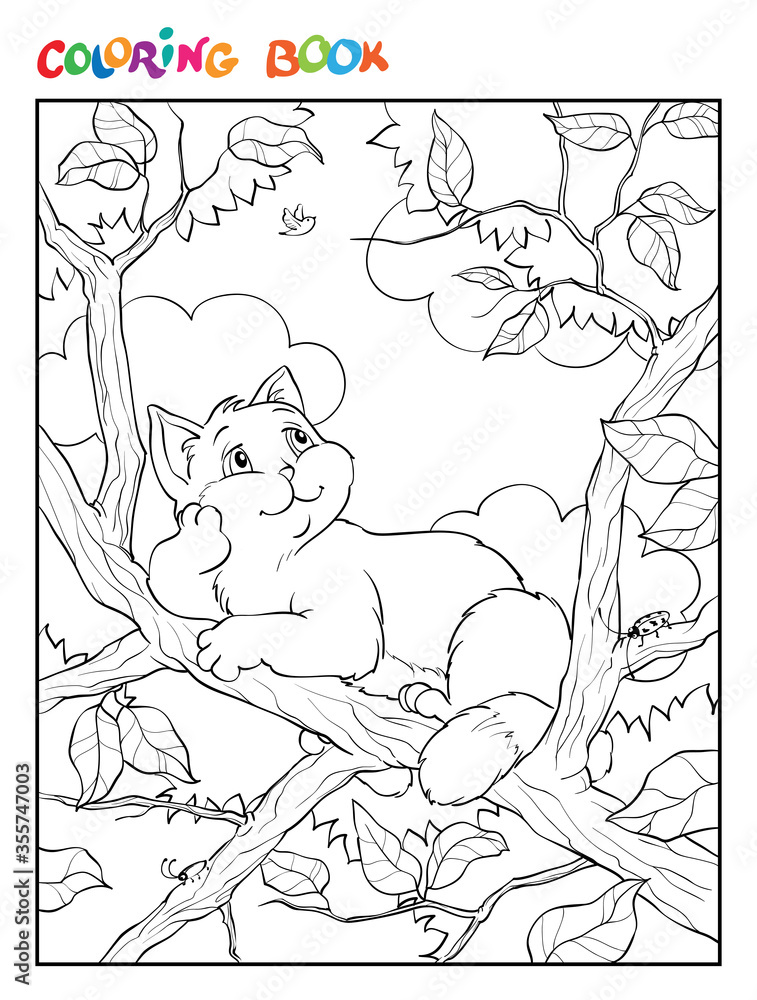 Coloring book or page. Illustration with a gray funny cat sitting on a tree branch and looking at the sky.