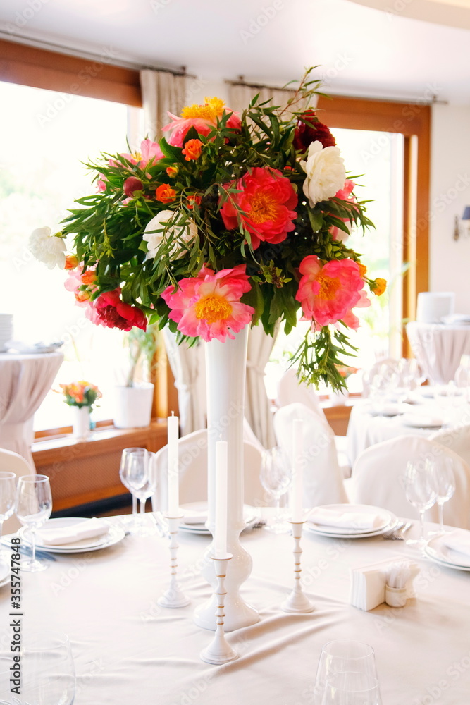 This is a beautiful table decoration with flowers