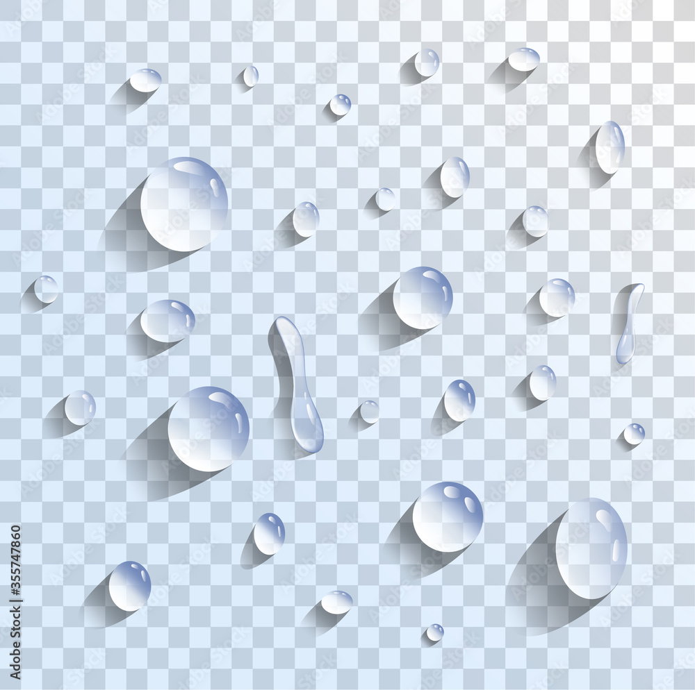 Transparent drops of water of different shapes spilled over chessboard style background with light blue and grey gradient tint, viewed from above
