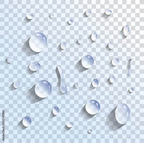 Transparent drops of water of different shapes spilled over chessboard style background with light blue and grey gradient tint, viewed from above