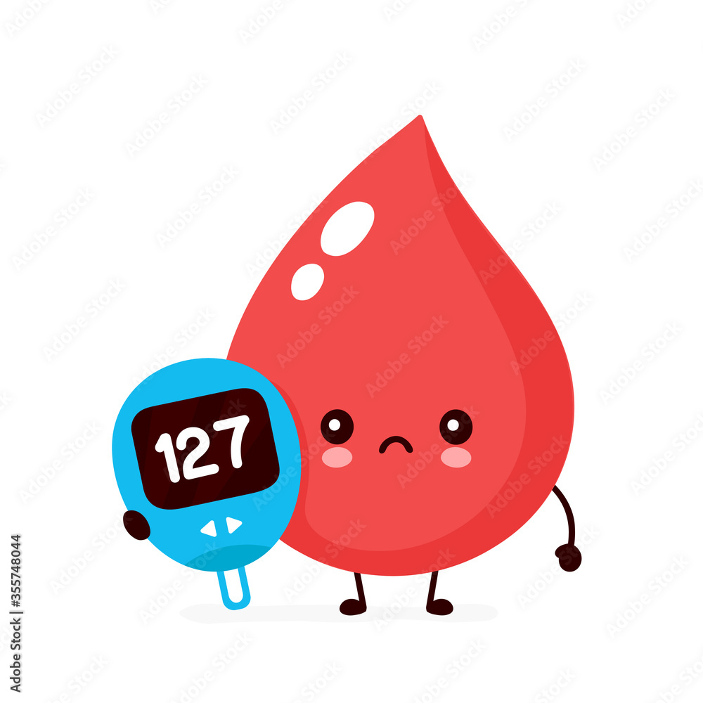 Cute sad blood drop with glucose measuring Cute sad blood drop with glucose measuring