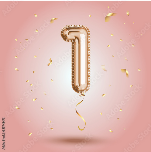 Elegant Pink Greeting celebration one year birthday Anniversary number 1 foil gold balloon. First year life  happy birthday  congratulations poster. Golden numbers with sparkling golden confetti