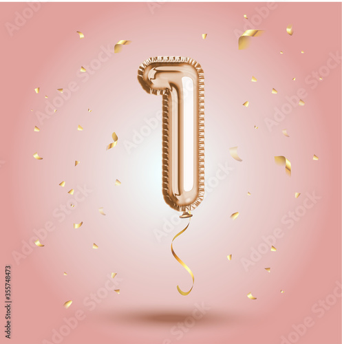 Elegant Pink Greeting celebration one year birthday Anniversary number 1 foil gold balloon. First year life, happy birthday, congratulations poster. Golden numbers with sparkling golden confetti