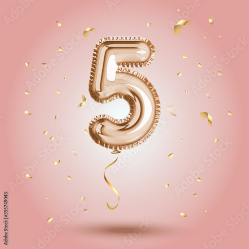 Elegant Pink Greeting celebration five years birthday Anniversary number 5 foil gold balloon. Happy birthday, congratulations poster. Golden numbers with sparkling golden confetti. Vector