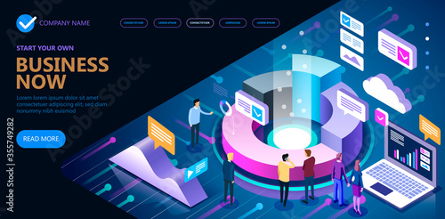 Marketing and finance vector isometric concept, Business isometric people working together and developing a successful business strategy, Vector illustration
