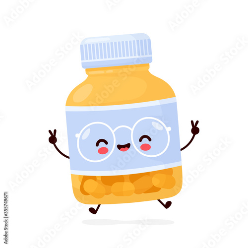 Cute happy funny pill bottle. Vector cartoon 