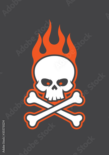 Vector symbol burning skull with crossbones for motorbike gang. Isolated on the dark background.
