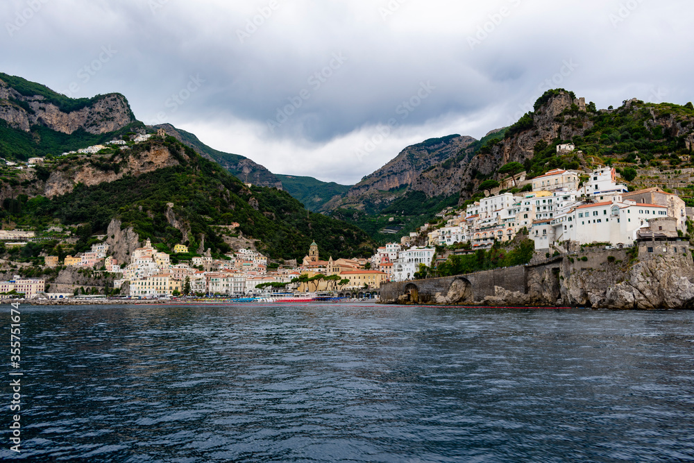 Italy, Campania, Amalfi - 14 August 2019 - Amalfi at the foot of the mountains of the Amalfi coast