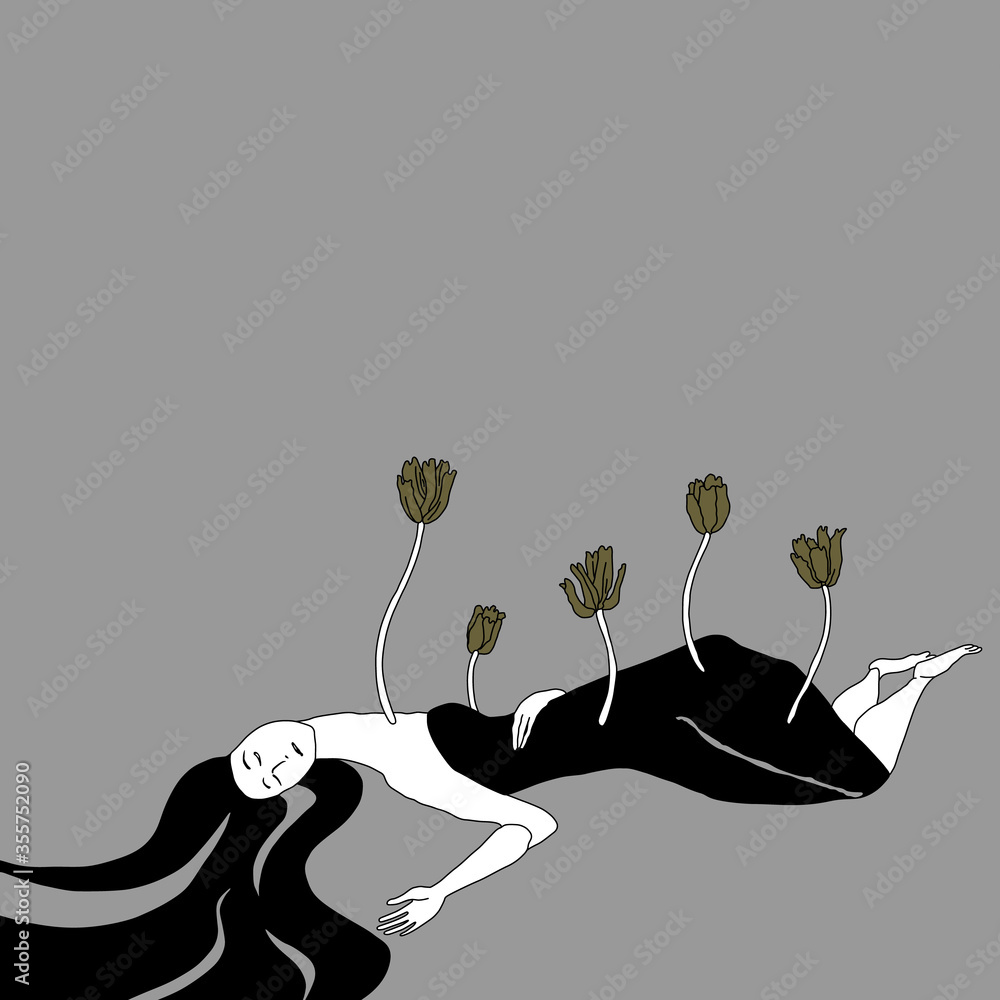Dead girl with tulip flowers sprouting from her body. Goddess