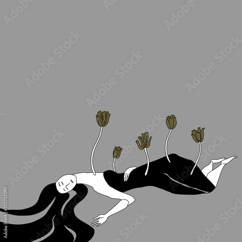 Dead girl with tulip flowers sprouting from her body. Goddess Persephone. Female archetype. Original style art. Metaphor for spring revival of nature. Death and resurrection.