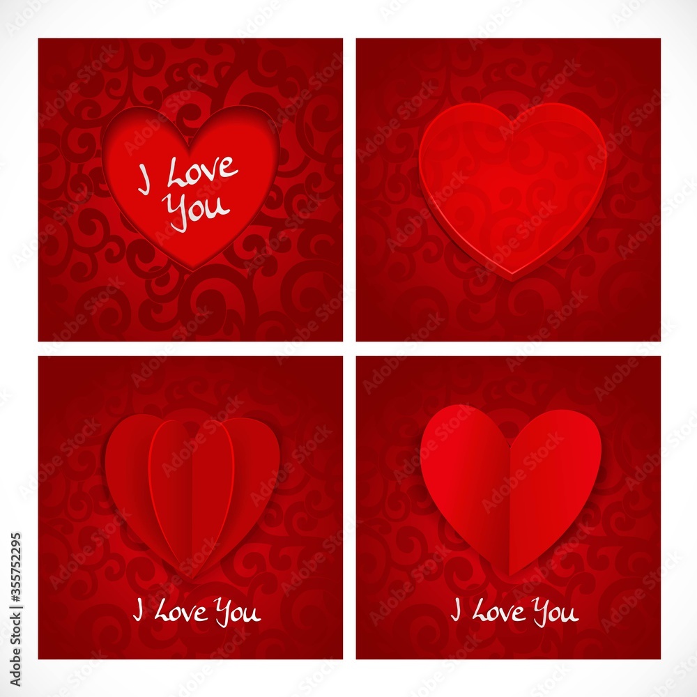 Valentine red banners set with paper heart on abstract background with swirls in red colors