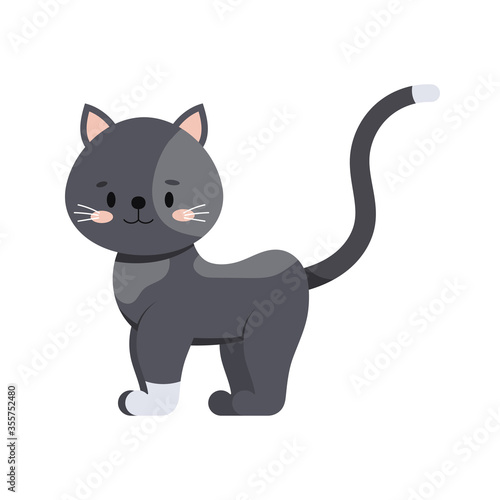 Cute cat icon isolated on white background. Grey spotted domestic happy kitten. Flat design cartoon style animal character vector illustration,