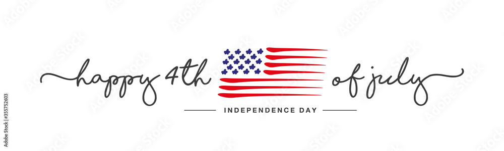 4th of july Happy Independence day handwritten typography text USA abstract flag white background banner - obrazy, fototapety, plakaty 
