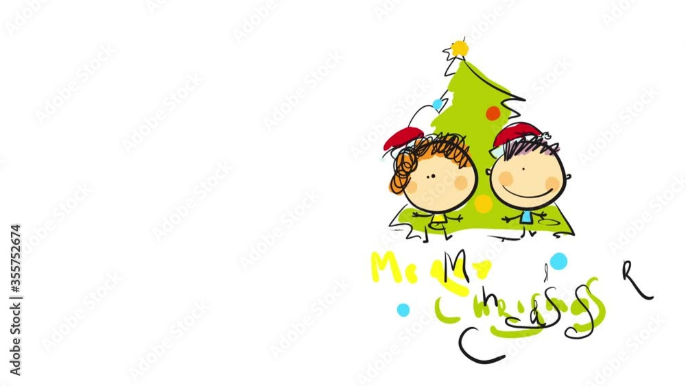 merry christmas greeting card with cute drawing of a boy and a girl standing besides a big decorated tree with a golden star on top merry christmas greeting card with cute drawing of a boy and a girl standing besides a big decorated tree with a golden star on top