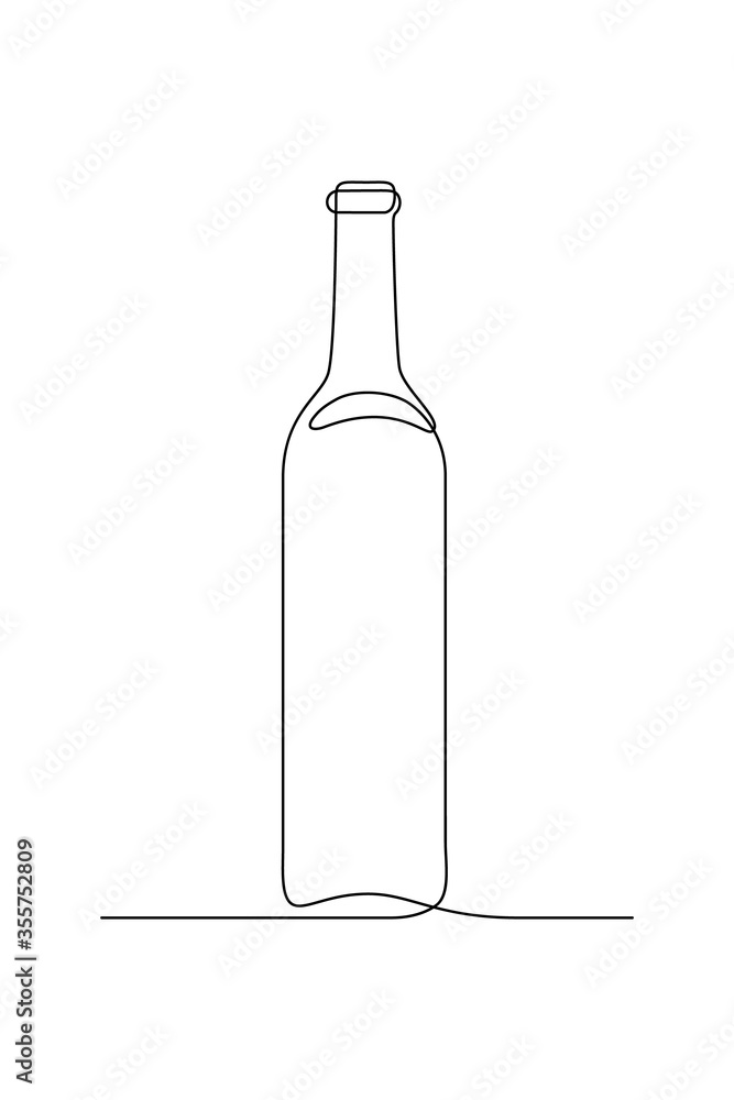 Glass bottle of wine in continuous line art drawing style. Minimalist