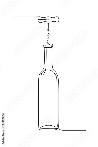 Bottle of wine with corkscrew in continuous line art drawing style. Minimalist black linear sketch isolated on white background. Vector illustration