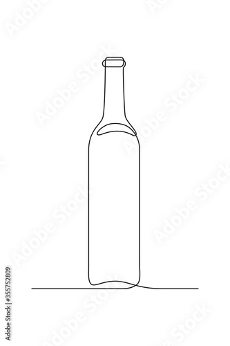 Glass bottle of wine in continuous line art drawing style. Minimalist black linear sketch isolated on white background. Vector illustration