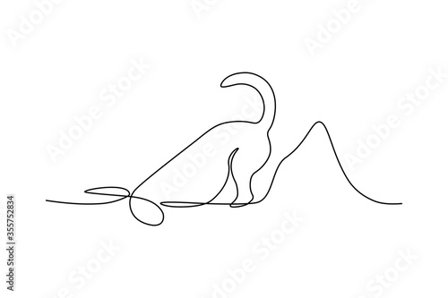 Dog digging in continuous line art drawing style. Funny dog digging deep hole in the ground. Minimalist black linear sketch isolated on white background. Vector illustration