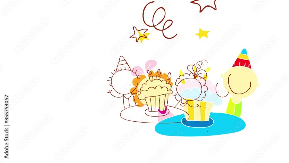 birthday greeting card with painting of happy children at a celebration party with boy after blowing magic candles turning on again on a creamy cake birthday greeting card with painting of happy children at a celebration party with boy after blowing magic candles turning on again on a creamy cake