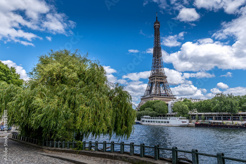 Eiffer tower, view from the Seine river with tree, with river boats