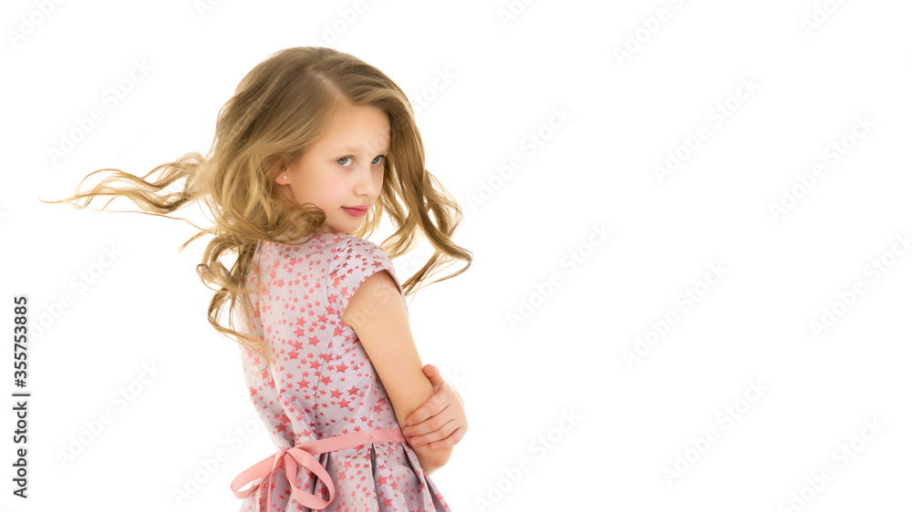 Beautiful Blonde Girl on Pink Dress Sitting on Floor Hugging Her Beautiful Blonde Girl on Pink Dress Sitting on Floor Hugging Her