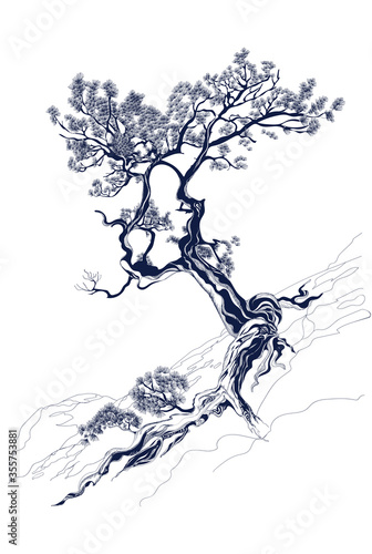 Pine on the mountainside asian vintage ink paint illustration