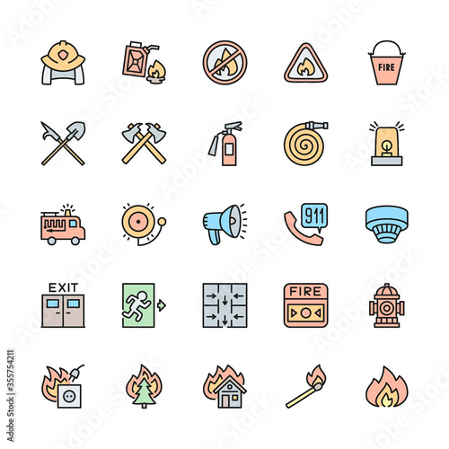 Set of Firefighter Color Line Icons. Fireman, Evacuation Plan, Hydrant and more.