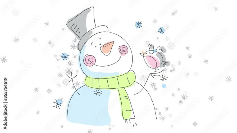 big snowman smiling with tenderness to a bird that flew to its twig in the shape of a hand with snowflakes falling slowly in the background big snowman smiling with tenderness to a bird that flew to its twig in the shape of a hand with snowflakes falling slowly in the background