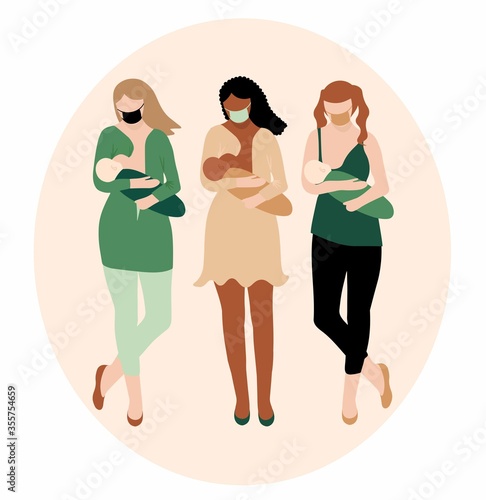 Take care of newborns and mothers. Breastfeeding during the pandemic covid-19. Multinational nursing moms in medical masks. lactation in public places.