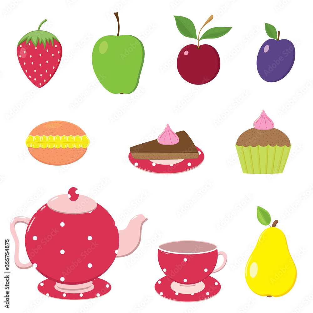 Fototapeta premium Vector illustration with colorful objects, sweets and fruits for fun tea party