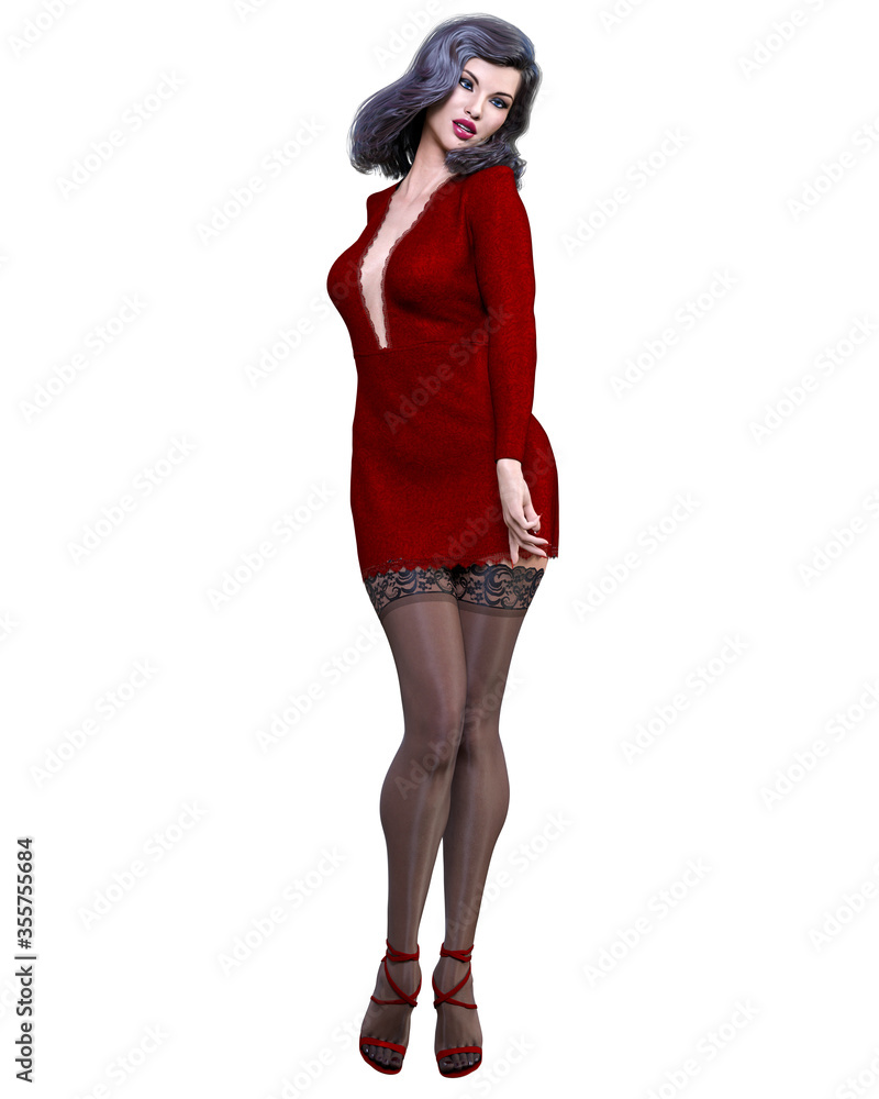 Beautiful woman in red short evening mini dress. Beautiful woman in red short evening mini dress.
