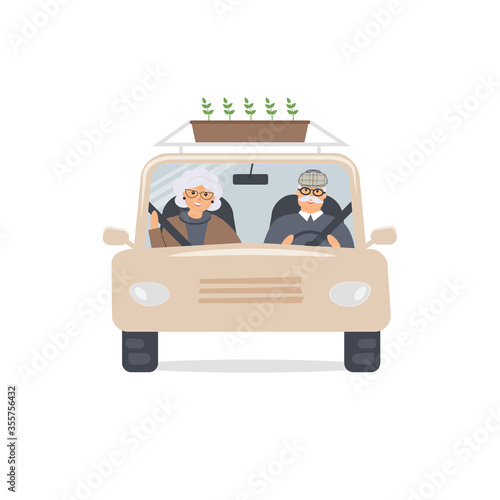Elderly man and woman sit in front seat of car and look through windshield.Front view. Nice married couple of pensioners go to dacha or garden to plant seedlings. Colorful vector illustration