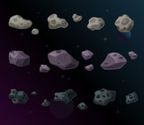 Set of different space objects, asteroids and meteorites on the night background.