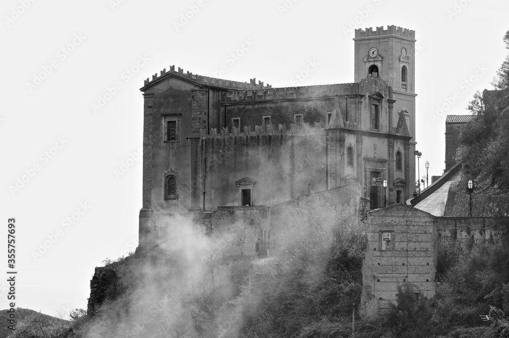 Black and white image of old Italian church in Savoca, Sicily Black and white image of old Italian church in Savoca, Sicily