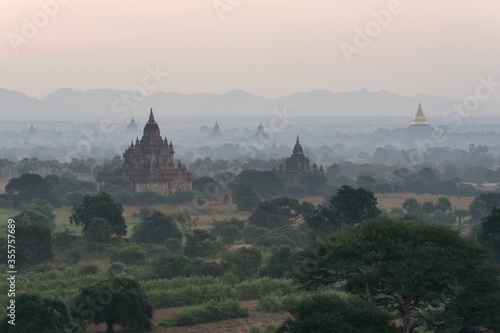 Sunrise Pagodas stupas and temples of Bagan in Myanmar  Burma