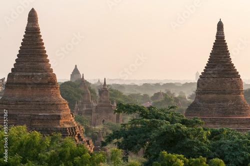 Sunrise Pagodas stupas and temples of Bagan in Myanmar  Burma