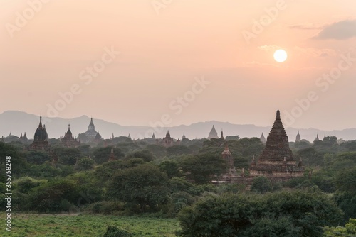 Sunset pagodas stupas and temples of Bagan in Myanmar  Burma