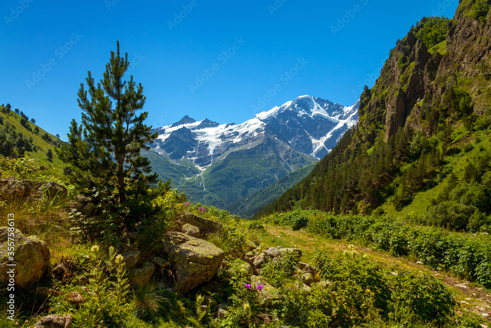 View of Mount Donguz-Orun and Kogutai and glacier 