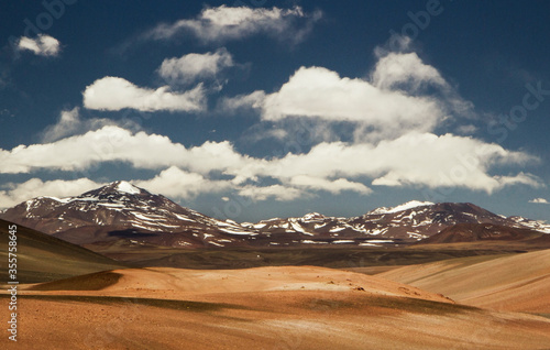 View of the desert and Andes mountains with snowy peaks under a beautiful sky with clouds 