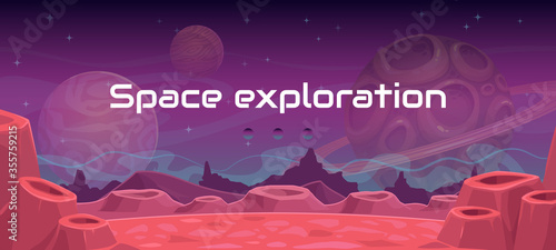 Space exploration illustration, fantasy vector alien landscape.