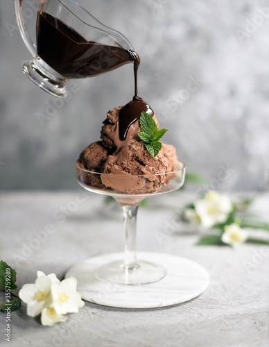 Chocolate ice cream in a cup , Chocolate ice cream with chocolate.