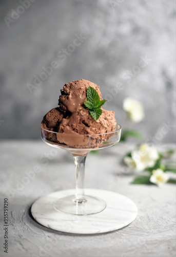 Chocolate ice cream in a cup , Chocolate ice cream with chocolate.