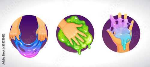 Funny colorful homemade slime holding in the hand. Cool cartoon logo for childish slimy toys.