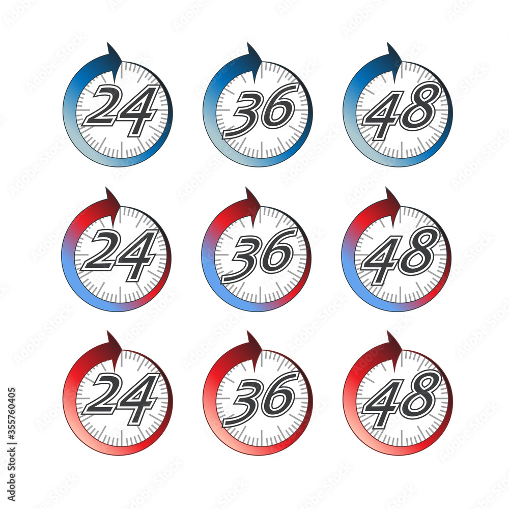 Duration hour icon set. Expiry time frame. Deadline 24 hours 36 hours
