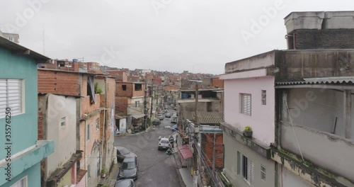 Aerial view of Favela slum in Brazil in Sao Paulo. Social Problem
