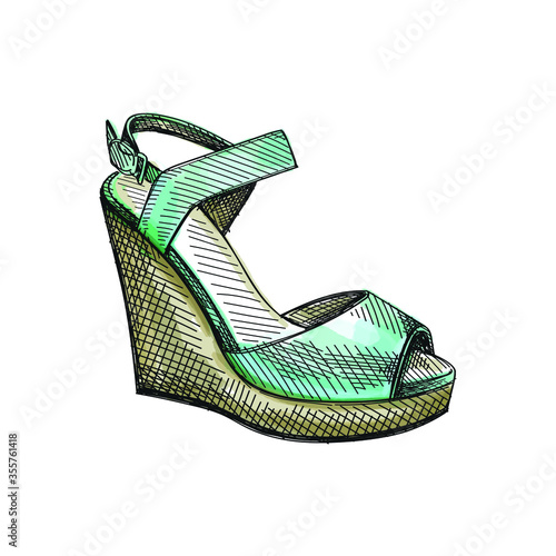 Watercolor clorful Hand-drawn sketch of women shoes. Wedge Sandals. Stylish and fashionable shoes. Shoes for walking. Feet accessories.	
