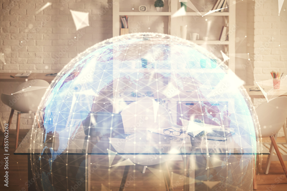 Double exposure of business theme drawing and office interior background. Concept of success Double exposure of business theme drawing and office interior background. Concept of success