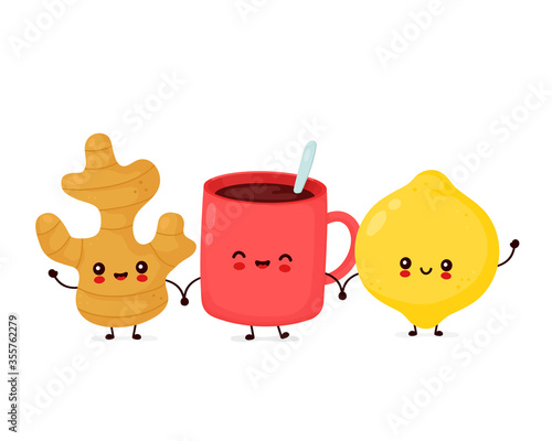 Cute happy funny lemon fruit,ginger and tea mug