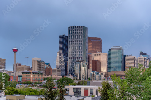 View of Calgary's skyline on a moody spring evening.